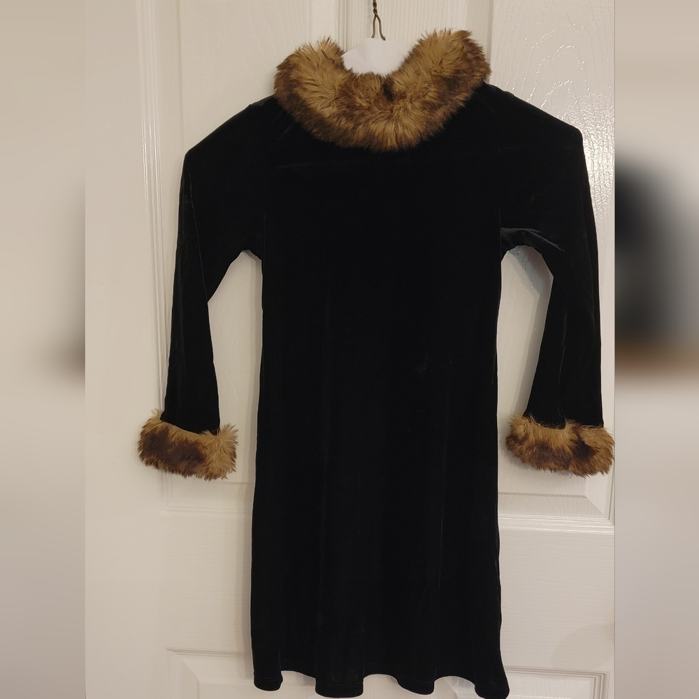 Bonnie Jean Black Dress with Brown Fur Trim